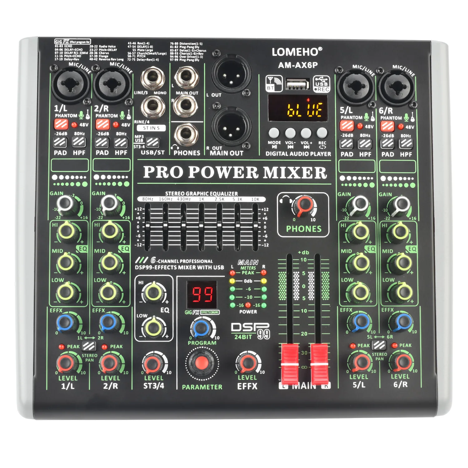Lomeho 99 Effects Power Audio Mixer Amplificatore 6 Canali Sound Dj Mixing Console Individuale 48V Usb Pc Record Bluetooth Am-Ax6P