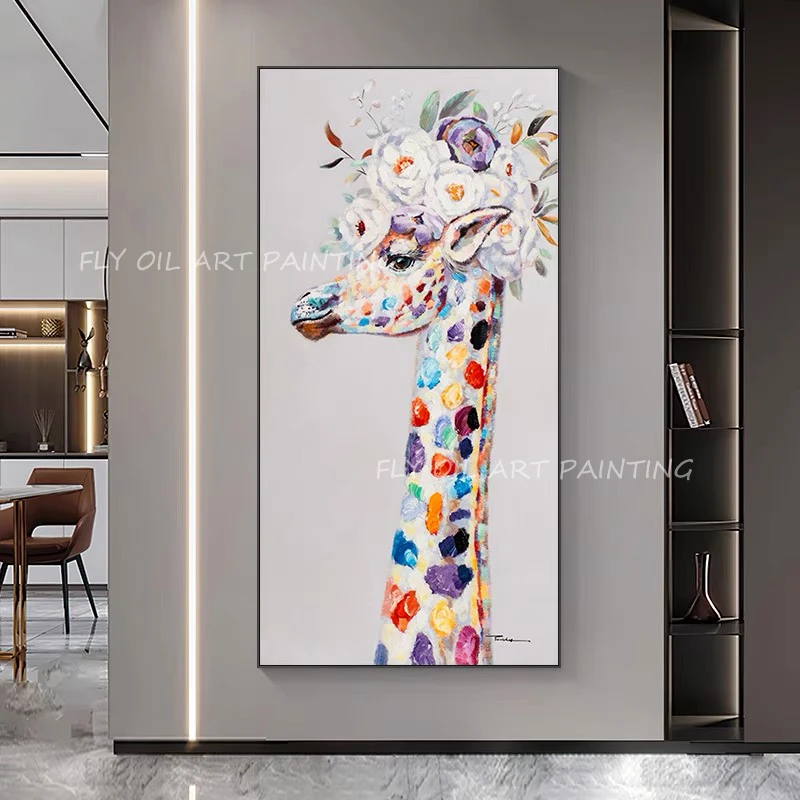 

100% Hand Painted deer animal colorful face with long neck grey canvas oil painting Cuadros Decor Posters as a gift unframe