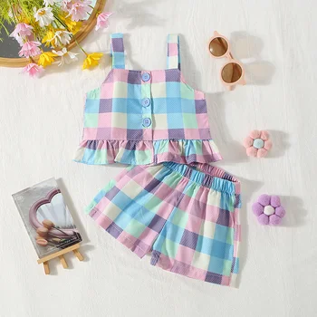 Summer Beach Girls' Strap Shorts Set Baby Girls' Bottom Lace Multiple Colors Checkered Printed Strap Shorts 1