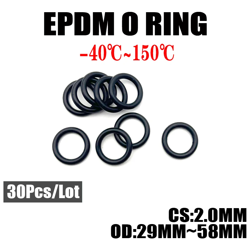 

30Pcs EPDM O Rings CS 2mm OD 29mm~58mm Acid and Alkali Resistance Water Resistance Friction Resistance O-Ring Black