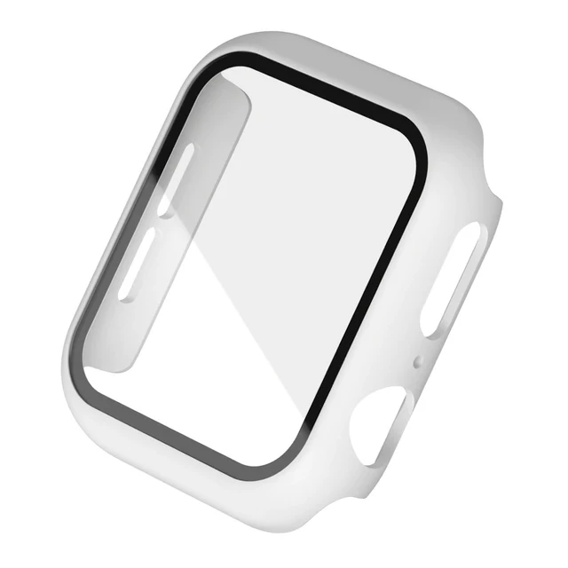 Hard PC Case for Apple Watch Series 45mm 41mm 44mm 40mm 42mm 38mm Tempered Protective Cover for Iwatch Serie 7 6 5 4 3 2 1 SE White