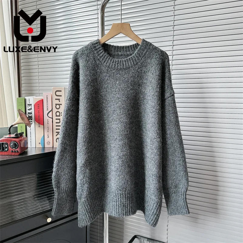 

LUXE&ENVY Gentle Pink Round Neck Pullover Sweater New Loose And Lazy Style Soft Glutinous Bottom Knit 2023 Autumn