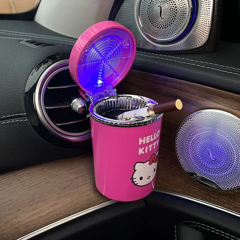 

Kawaii Sanrio Hello Kitty Car Ashtray Anime Cartoon Air Outlet Suspension Type Ashtray with Cover Led Creative Car Accsesories