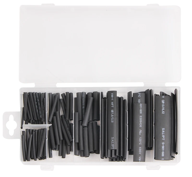 VTN1023 127pc Heat Shrink Tubing Assortment Black 7-Size Industrial Shrink Tubes 2mm-13mm
