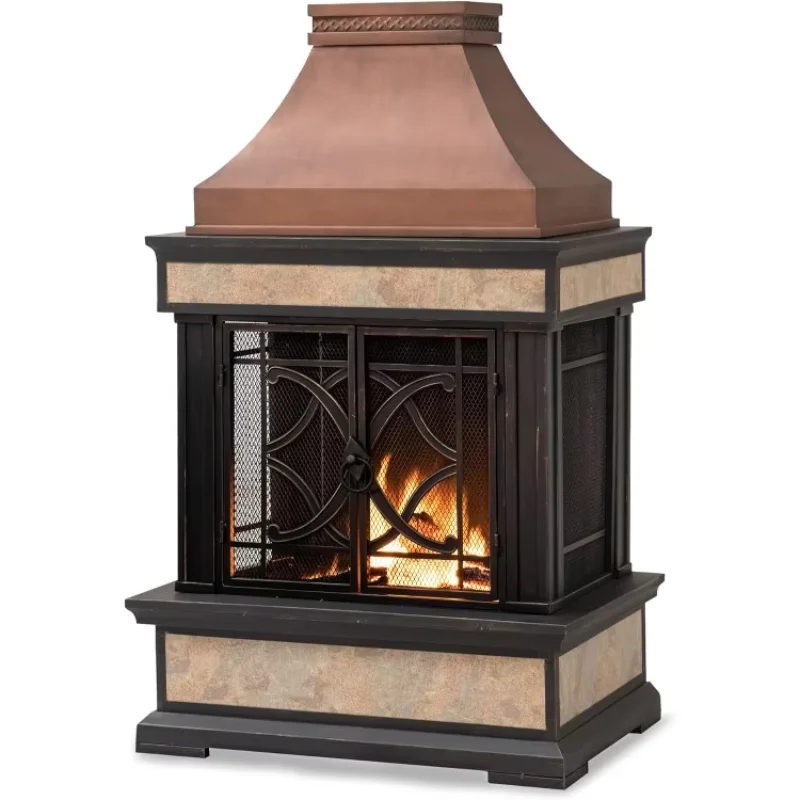 Smith Collection Patio Wood Burning Steel Fireplace with Chimney, Outdoor Fireplace, Spark Screen, Fire Poker, and Removable 2
