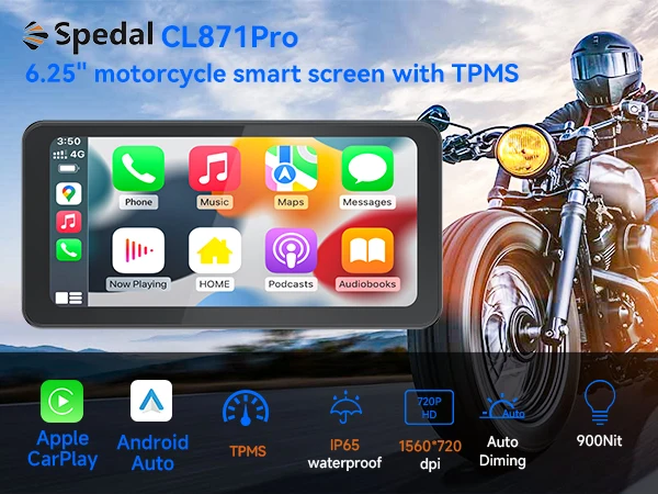 Spedal CL871P- 6.25" Motorcycle CarPlay ＆ Android Auto Screen Quick-Release Anti-Theft Mount +TPMS & Full Body Waterproof, GPS