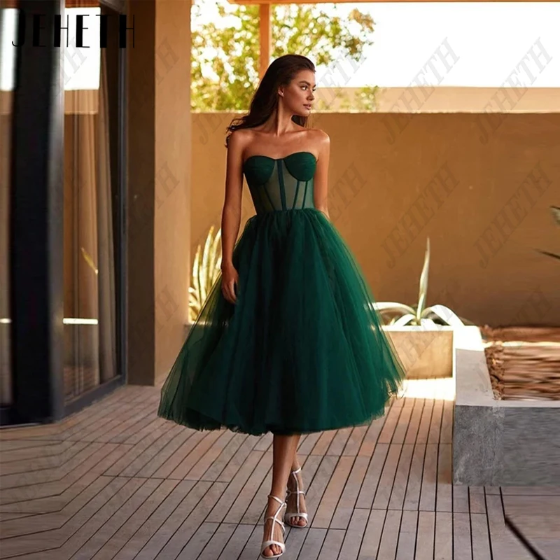 

JEHETH Green Tulle Strapless Prom Dress Women 2024 Formal Tea Length Evening Gowns Vintage A-Line Party Backless Robes De Soirée