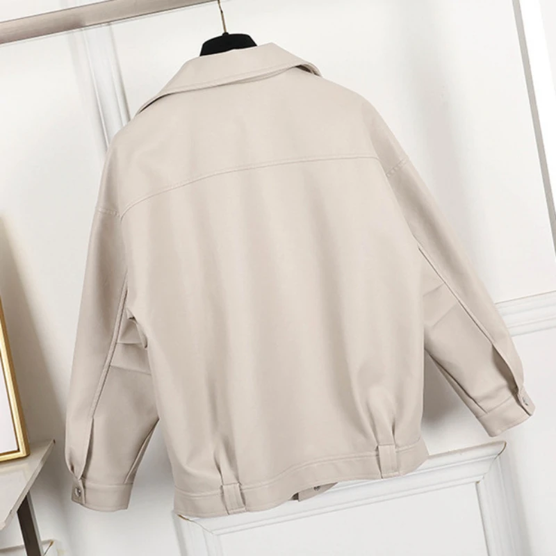 2023 Autumn Women Faux Leather Jacket Female Soft PU Outerwear Casual Oversized Solid Color Loose Motorcycle Biker Leather Coat