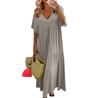 Women Short-Sleeved Dress Summer Simple Comfortable V-Neck Solid Color Large Size Dresses Casual Loose Long Large Swing Dress - Image 4