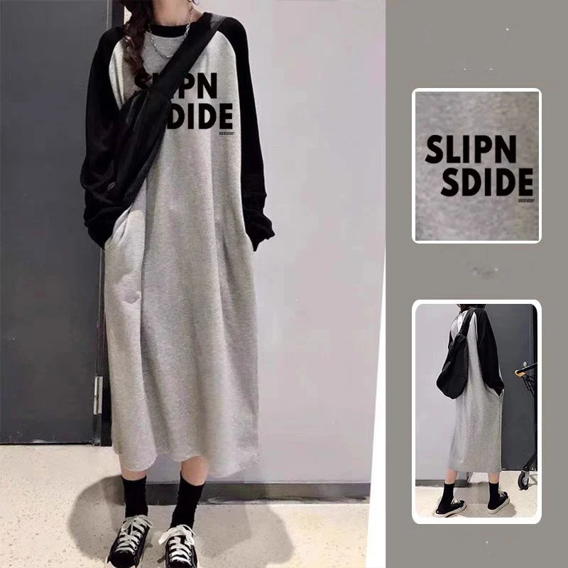 

Fashion O-Neck Spliced Printed Letter Pockets Casual Dresses Women's Clothing 2023 Autumn Winter Oversized Commuter Midi Dress