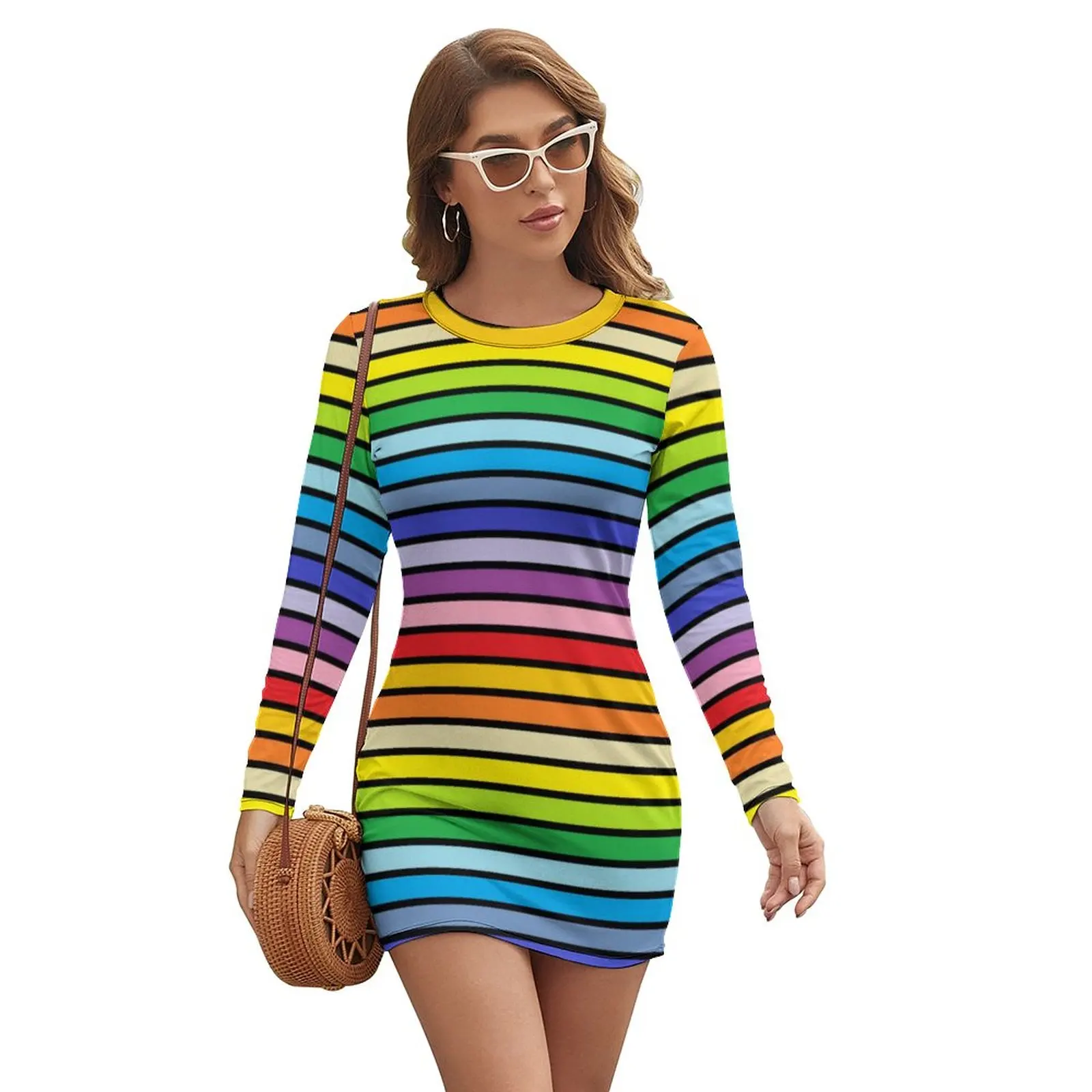 Rainbow Stripes Bodycon Dress Womens Black Lines Print Elegant Dresses