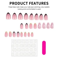 Faux ongles amande rose nude imprimés à pois, 24 pièces, ongles français jaunes/rouges à presser, manucure DIY estivale, faux ongles portables 5