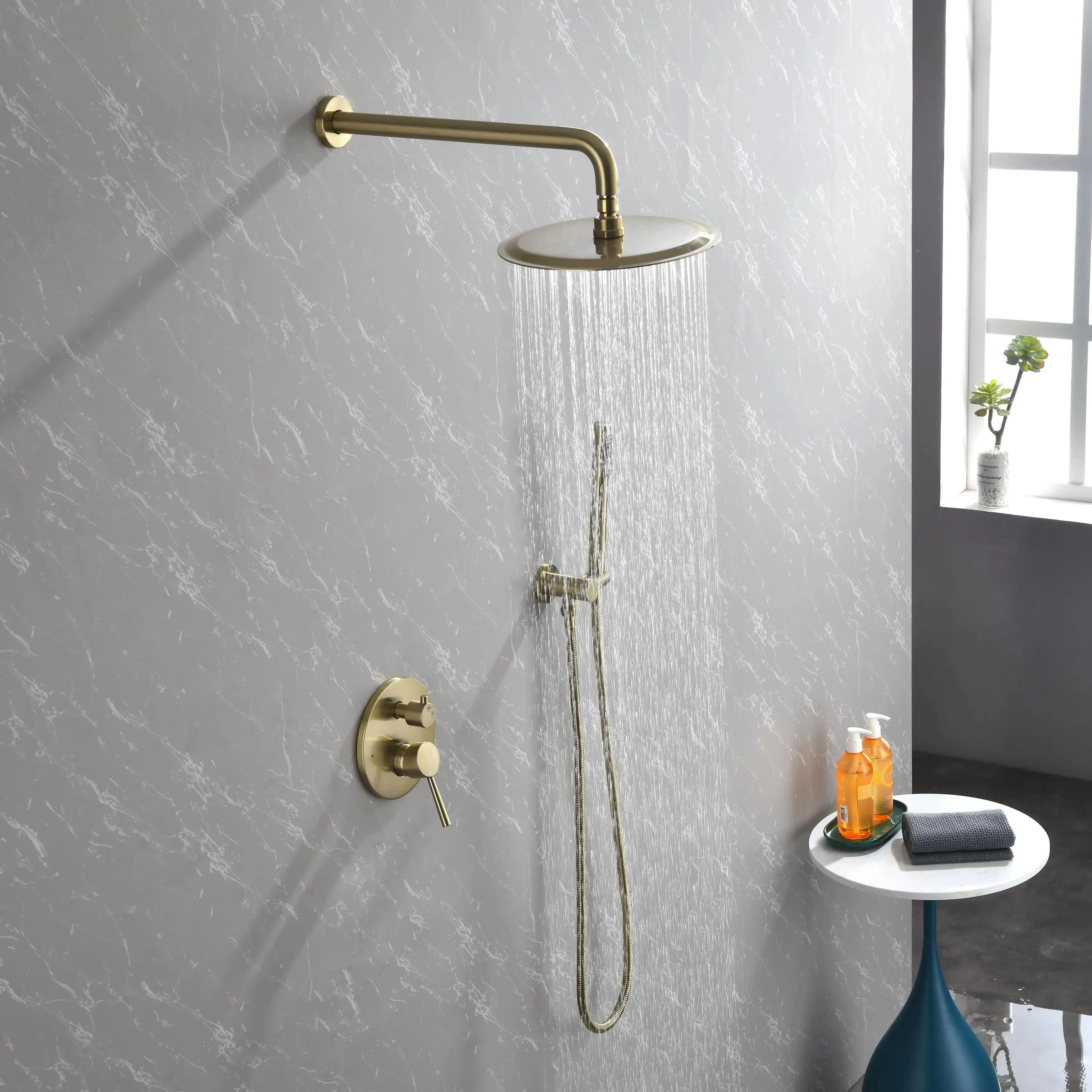 Shower System, Wall Mounted Shower Faucet Set for Bathroom with High Pressure 10" Stainless Steel Rain head, Brushed Gold