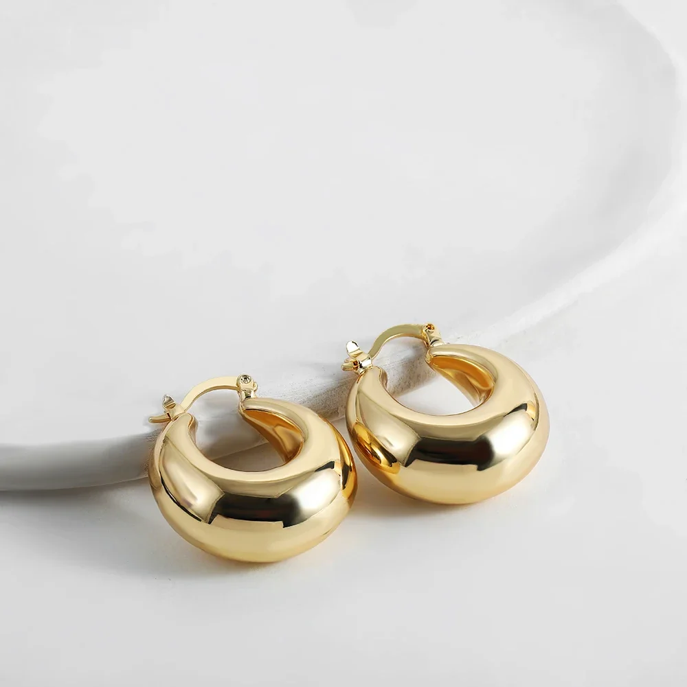 Smooth Round Chunky Hoop Earrings for Women Girls Gold Plated Wide Thick Geometric Metal Statement Earrings Vintage Jewelry Gift