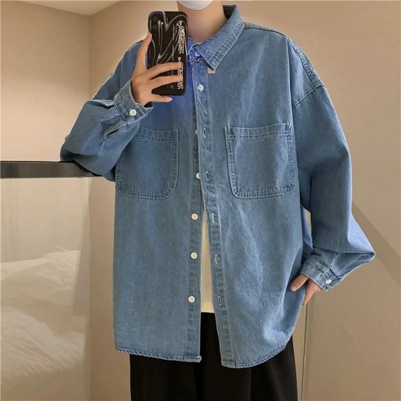 Denim Long-sleeved Shirt Men's Solid Color Autumn Korean Style Trendy Simple Shirt Hong Kong Style Loose and Handsome Ins Jacket