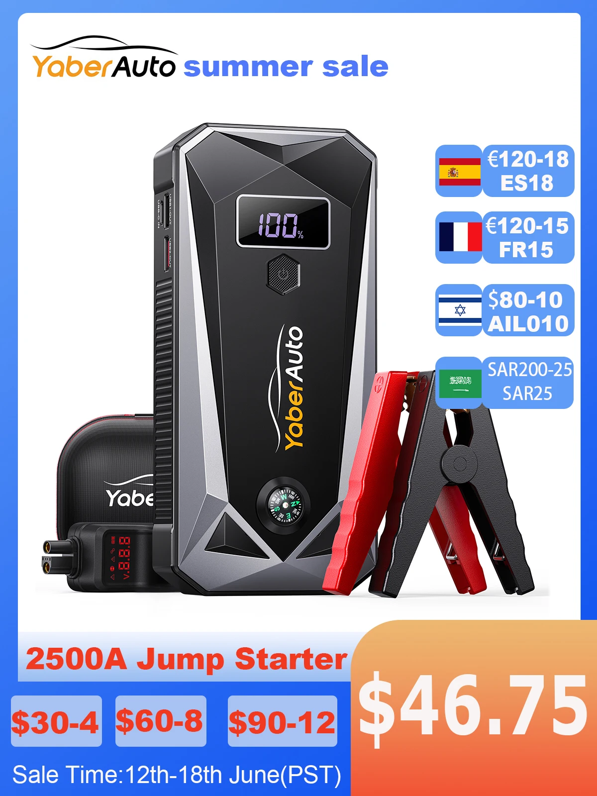 Yaber2500AJumpStarterPowerBankCarBatteryPortableCharger