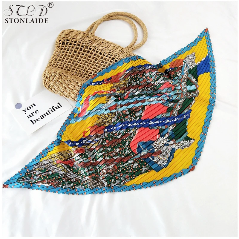 NEW Designer Pleated Square Imitated Silk Scarf For Women Floral Classy Chic Ladies Scarves Travel Neck Scarf Kerchief Bandana 4