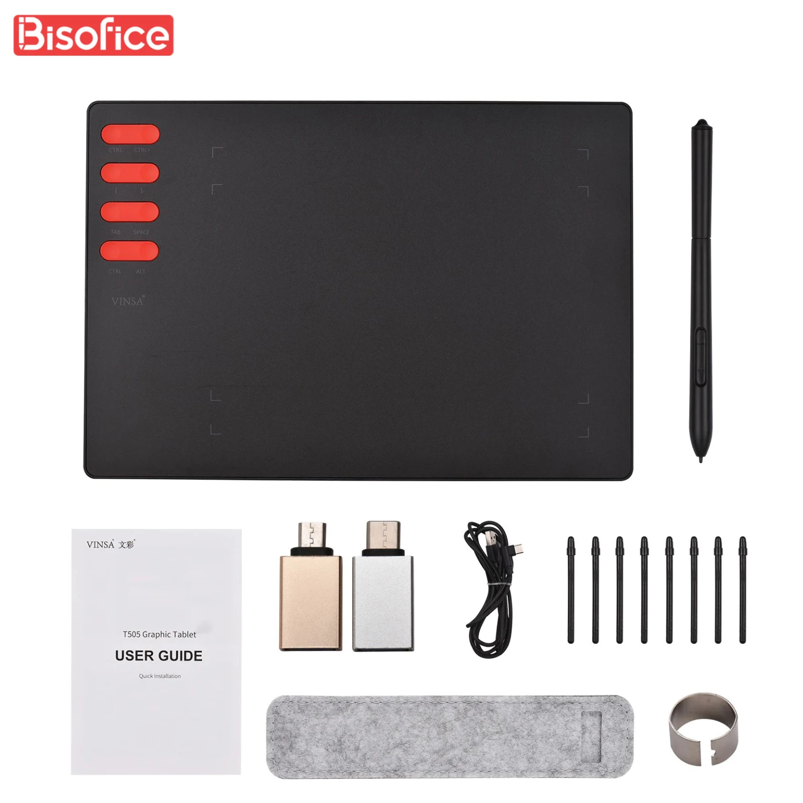 T505 Graphics Drawing Tablet Ultralight Art Creation Sketch with Battery-free Stylus 8 Pen Nibs 8192 Levels Pressure for Drawing