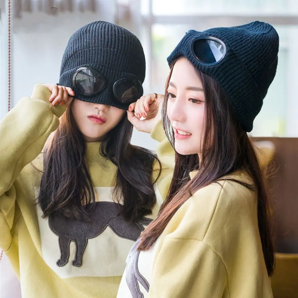 With Glasses Skullies Caps Ear Protection Men Beanie Caps Pullover Cap Knitted Hats Korean Beanies Women Wool Caps Ski Cap - 4