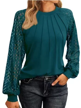 Round Neck Solid Color Long Sleeved Pleated Lace Women's T-shirt Fashionable Office Elegant Commuting Style Autumn Top 1