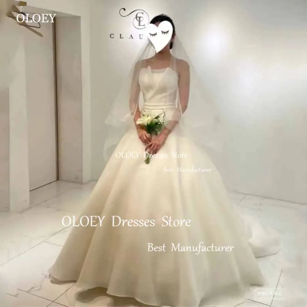 

OLOEY Elegant Strapless Ruffles A Line Korea Wedding Dresses Photo shoot Organza Pleats Floor Length Bridal Gowns Corset Back