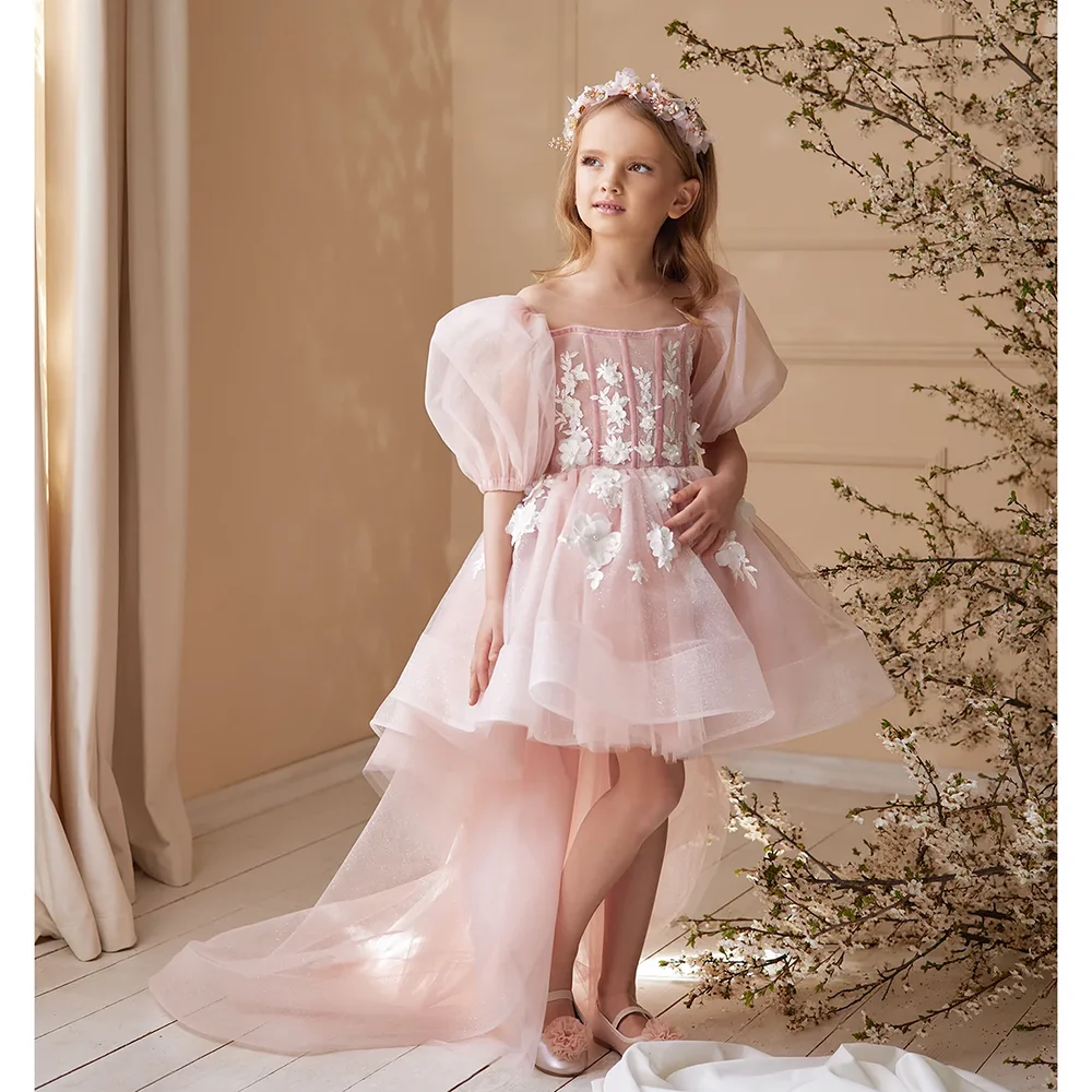 

Cute Square Collar High/Low Floral Girl Dresses Pink Sweet Pageant Party Wedding Dresses for Girls Flowers Appliques Gowns 2023
