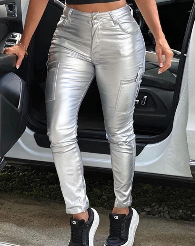 

2023 New Fashion Women's Pants Elegant High Waist Pocket Design Metallic Pants Female Trouser Casual Bottom