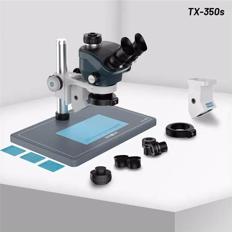 Kaisi TX-350s 삼안 현미경 0.7X 5X 줌 스테레오 WF10X/23mm 접안 렌즈 마더 보드 납땜 PCB 수리 현미경 세트