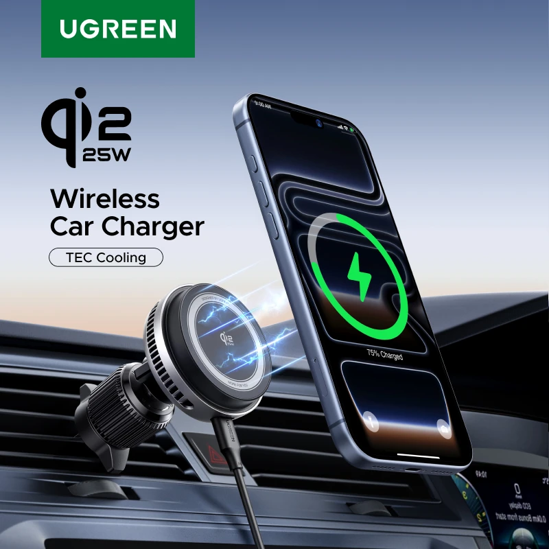 UGREEN MagFlow Pro Qi2.2 25W Magnetisches Kabelloses Autoladegerät mit Kühlventilator für iPhone 16 17 Pro Auto-Handyhalterung Schnelles Laden