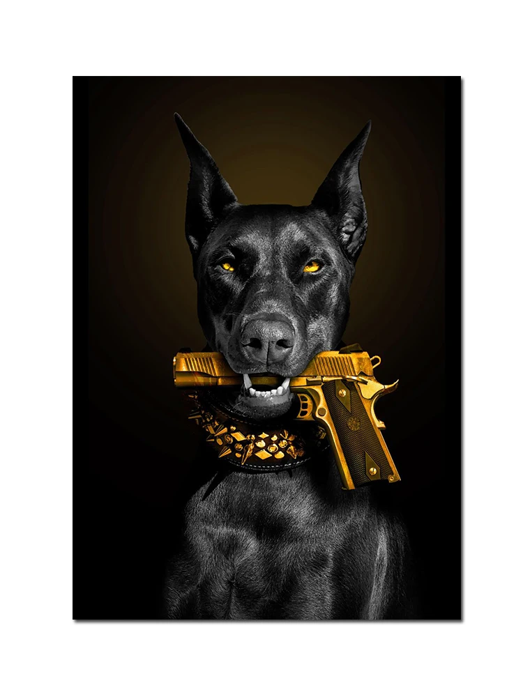 Yooyu Immagine moderna di arte della parete Black Doberman Dog Canvas Cuadros Gun Luxury Fashion Poster Stampe su tela Pittura Room Decor 70x90cm (28x35in) Frameless