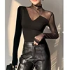 2024,New,European,Clothes,Fall,Winter,T-shirt,Fashion,Sexy,Mock Neck,Patchwork,Hollow Out,Mesh,Women,Tops,Long Sleeve,Tees,41081