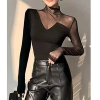 2024,New,European,Clothes,Fall,Winter,T-shirt,Fashion,Sexy,Mock Neck,Patchwork,Hollow Out,Mesh,Women,Tops,Long Sleeve,Tees,41081