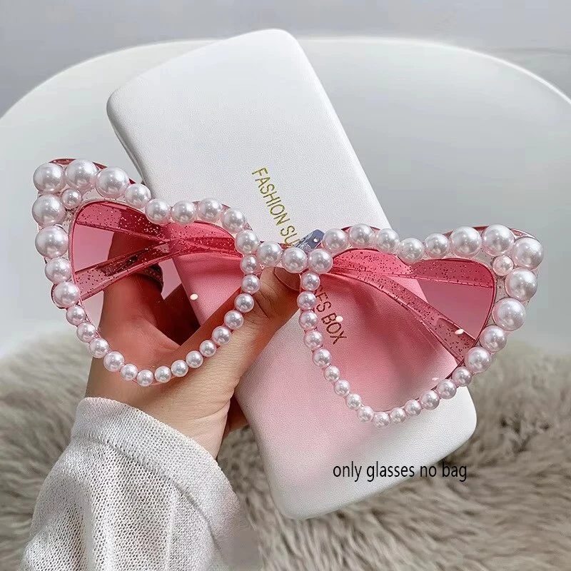 1/2 PCS Large frame dance party love heart inlaid pearl sunglasses for women beach peach heart sunglasses 5501