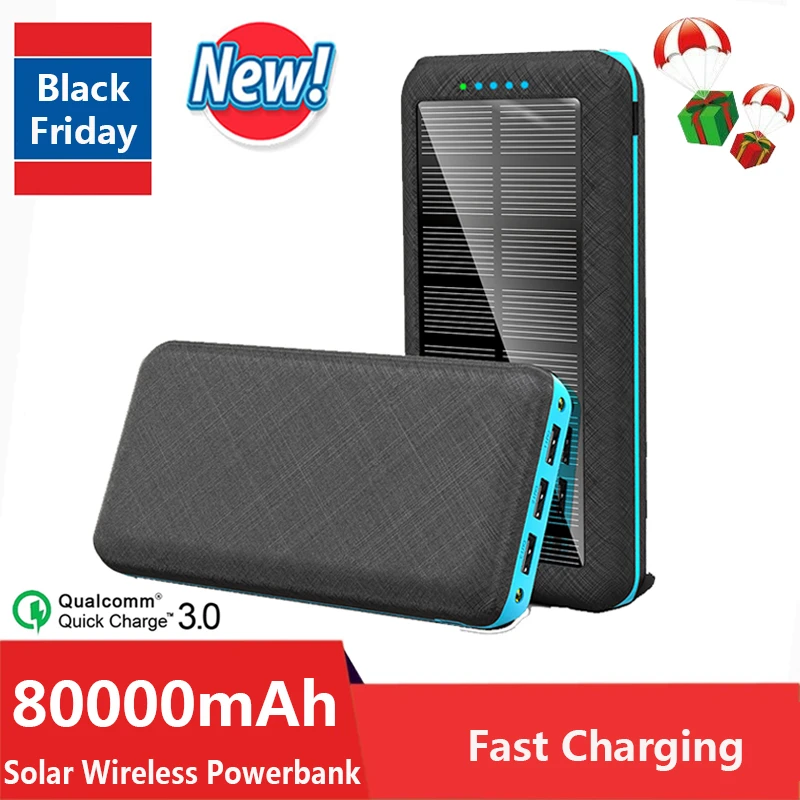 80000mAh Solar Powerbank Wireless Phone Charger Outdoor Travel Fast Charging External Battery Portable for Xiaomi IPhone Samsung power bank battery