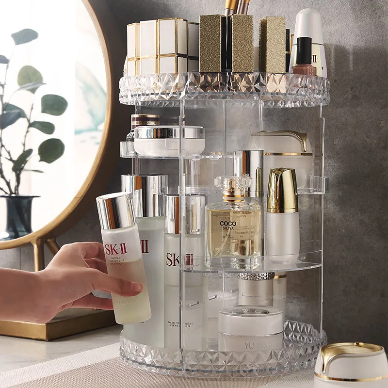 360 degree rotating transparent cosmetic storage box, desktop dressing table, skincare products, lipstick brushes, storage rack 5