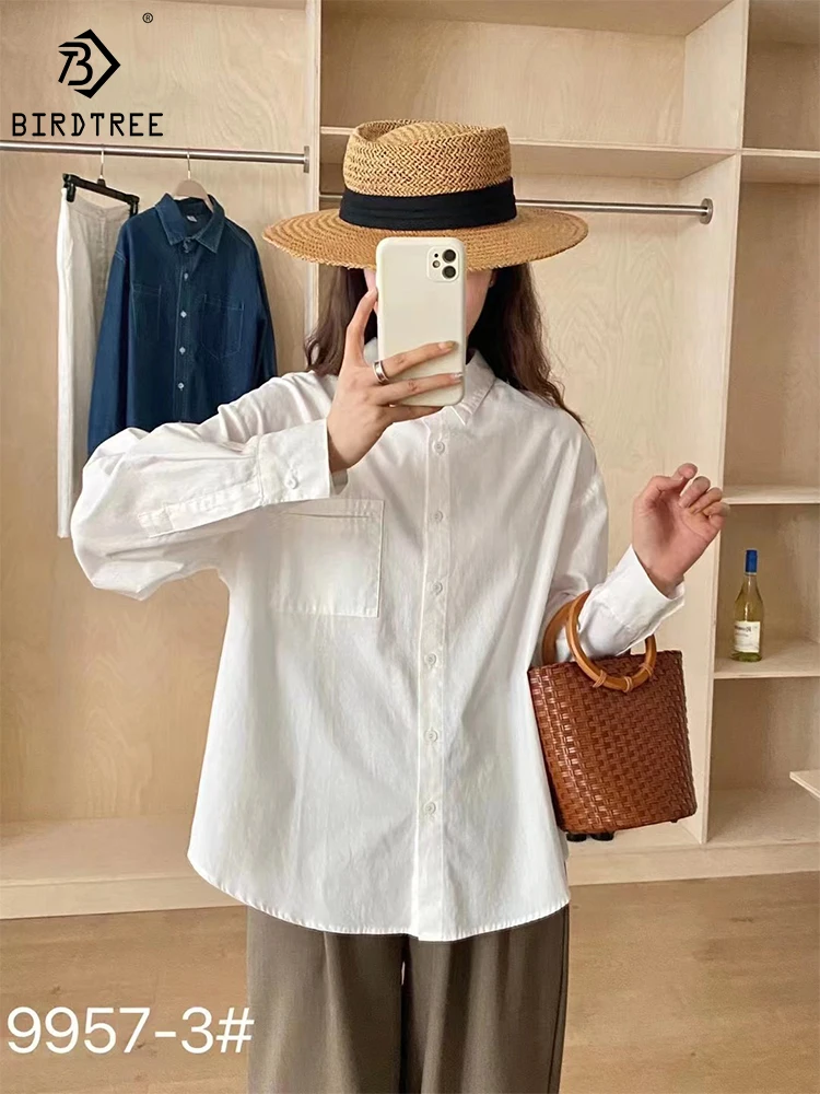 

Новинка, осенняя хлопковая рубашка, женская рубашка с отворотом, с длинными рукавами, однотонная, свободная, универсальная, удобная, повседневная, Весенняя блузка, T41351QD