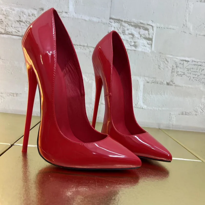 

CACA 2024 Sexy 16cm Stage Show Dance Shoes,Women Pumps,Patent Leather High Heels,Shallow Out ,Pointed Toe,Red,Black,Size 46