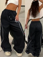Y2K Casual Striped Contrasting Elastic Waist Workwear Parachute Pants Women's Mid-Rise Drawstring Wide Leg Loose Fit Cargo Pants