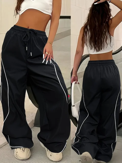 Y2K Casual Striped Contrasting Elastic Waist Workwear Parachute Pants Women's Mid-Rise Drawstring Wide Leg Loose Fit Cargo Pants