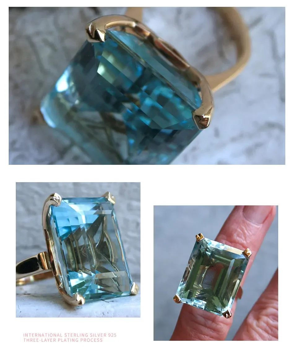 ZDADAN 925 Sterling Silver Aquamarine Gemstone Ring For Women Fashion Party Jewelry Gifts Wholesale