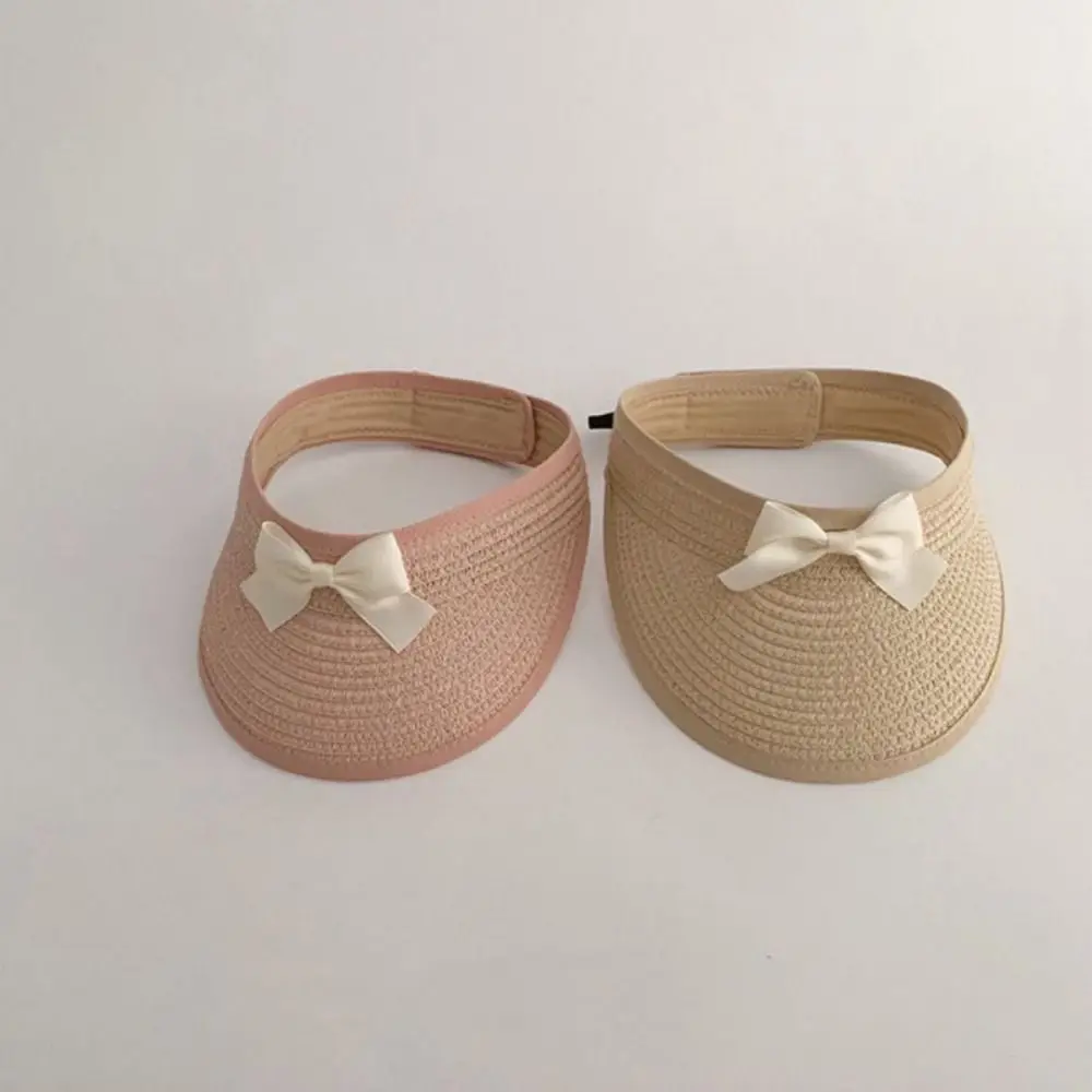 Adjustable Korean Baby Straw Caps Anti-UV Empty Top Bow Straw Hat Wide Brim Sun Protection Visor Cap Beach