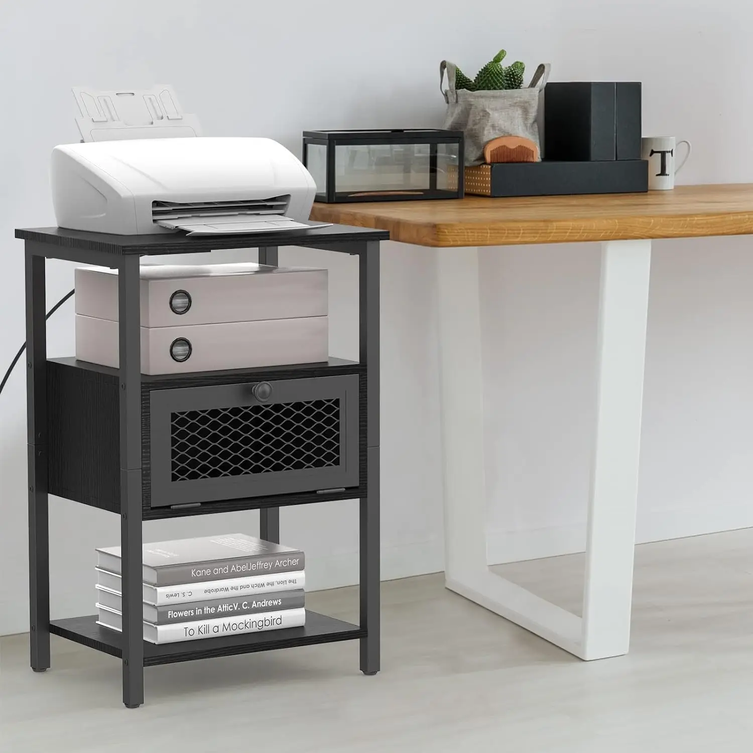 Nightstand with Charging Station, End Table with Power Outlets and USB Ports, Farmhouse Side Table Drawer and Storage Shelf