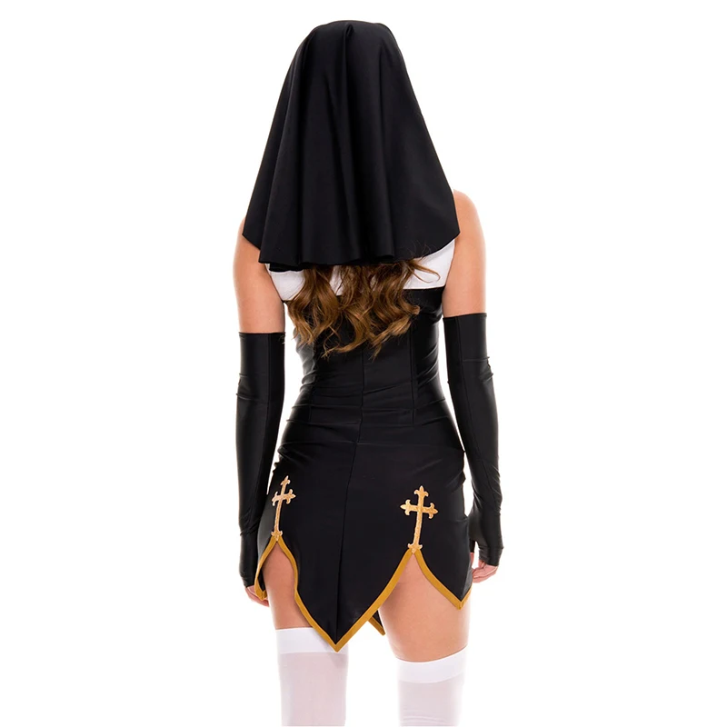 Virgin Mary Sexy Nun Costume Adult Women Cosplay Dress With Black Hood For Halloween Sister Cosplay Party Costume Nun Outfits