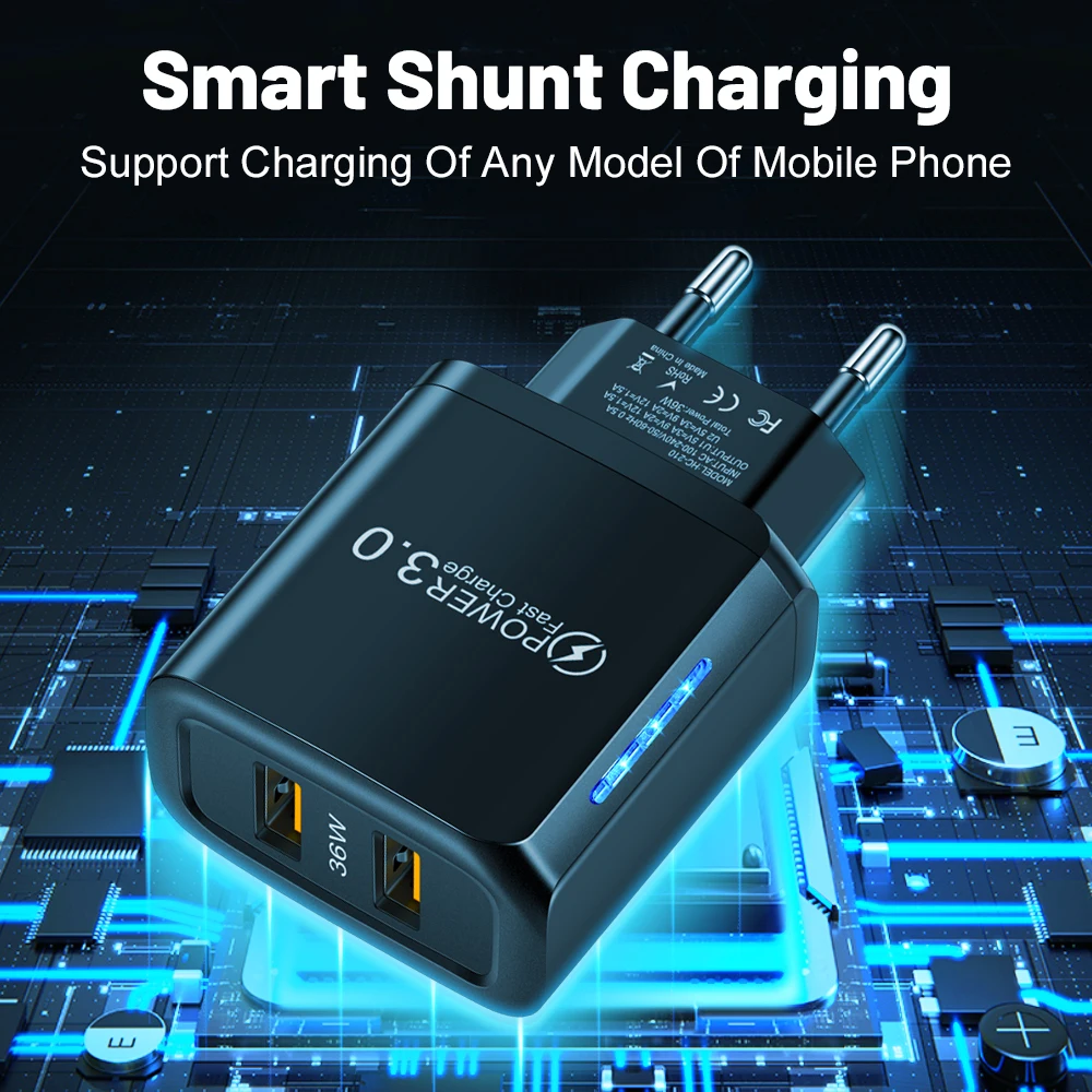 Universal USB Charger 36W Phone Adapter Charger Dual USB Fast Chargers for iPhone 17 Xiaomi Huawei Travel Charging Wall Adapter