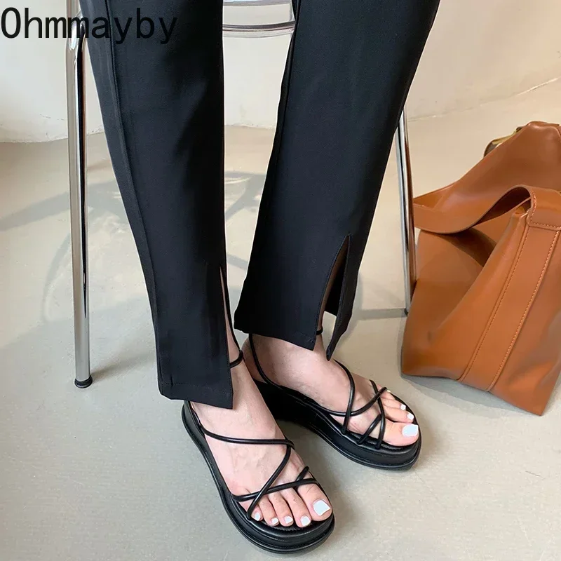 Women Sandals Open Toe Summer Fashion Narrow Band Dress Shoes Platform Wedges Heel Ladies Ankle Strap Gladiator Sandalias