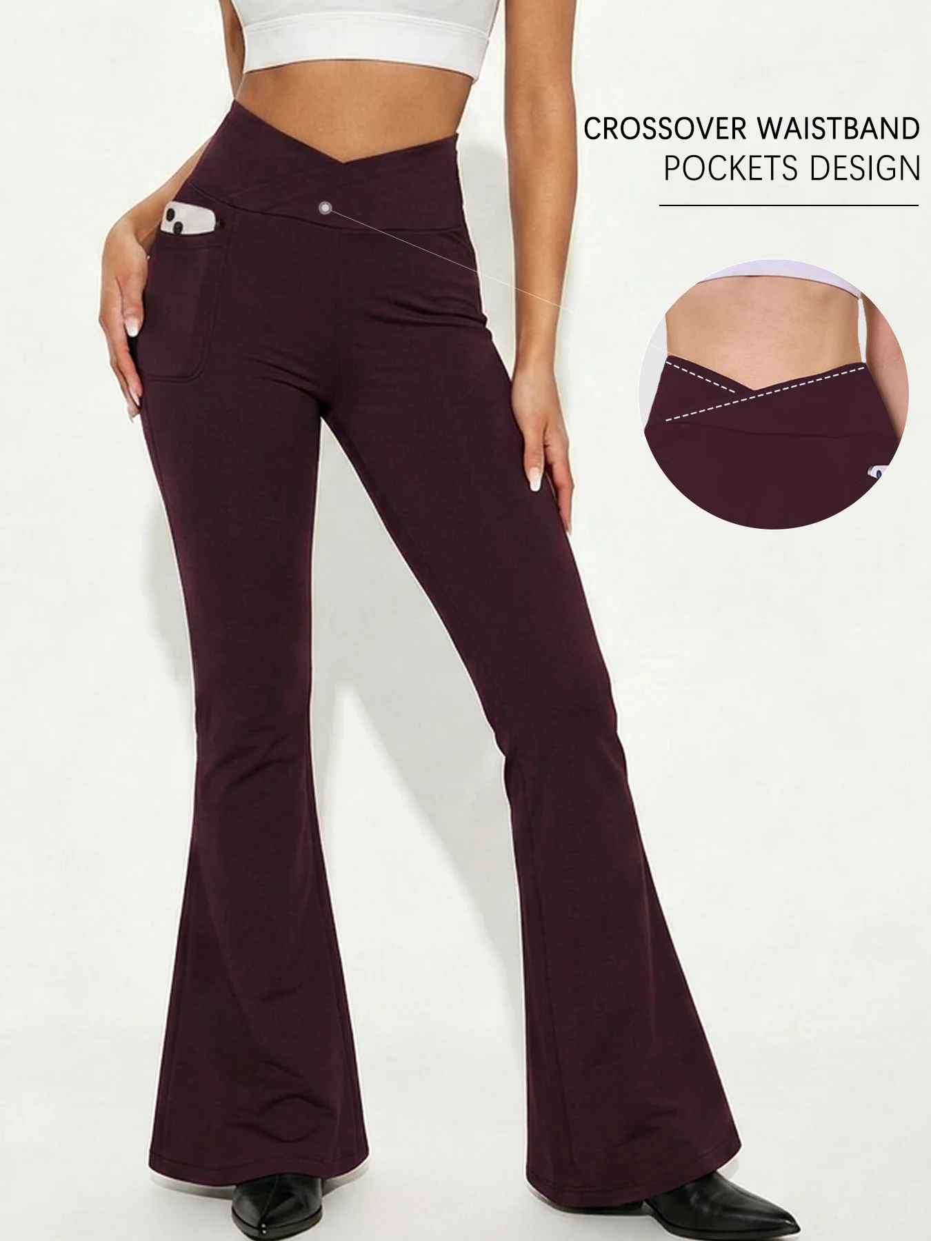 Super Soft Crossover Leggings Women High Waisted Flare with Pockets Tummy Control Yoga Pants 1