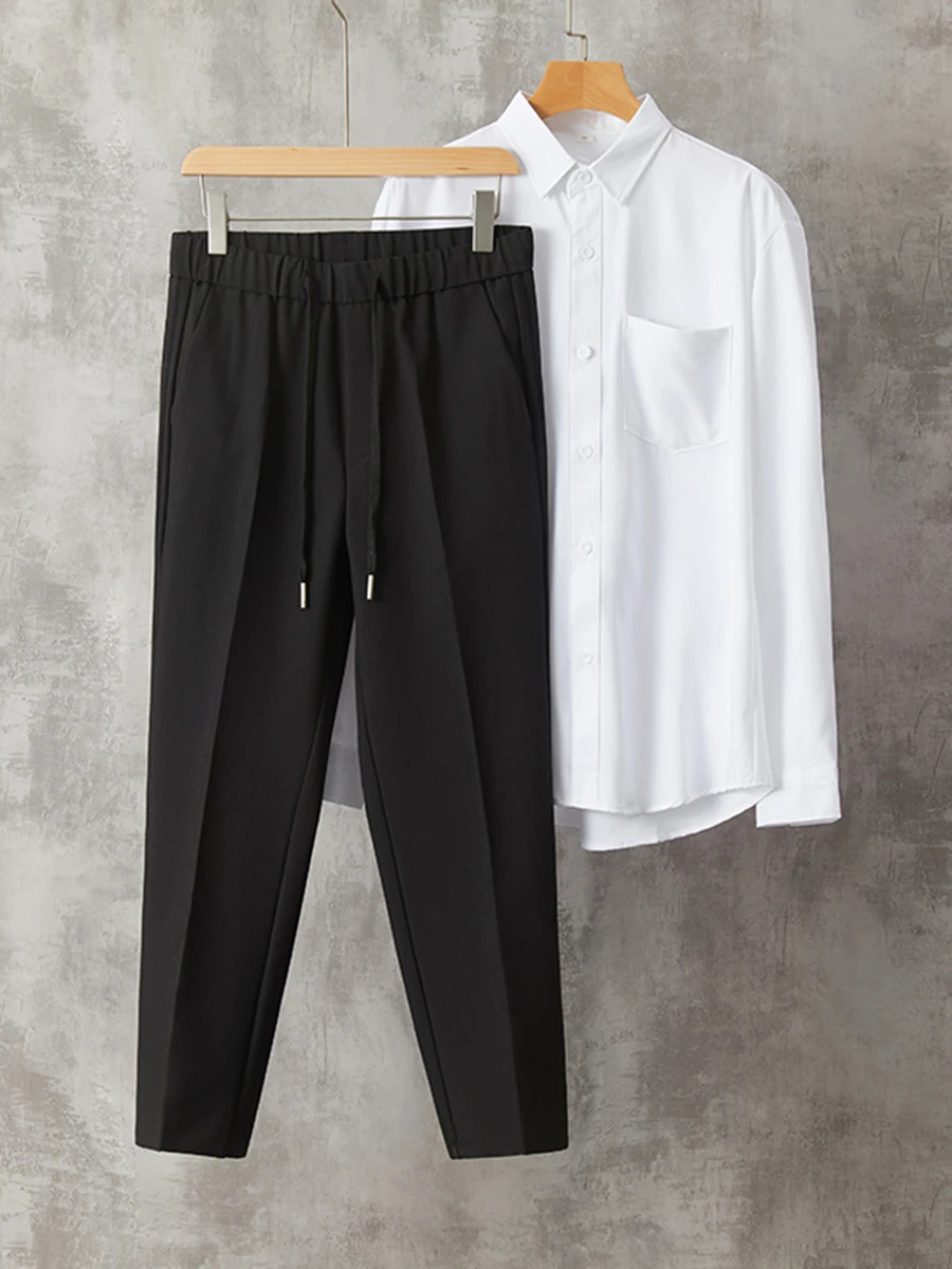 

Autumn drawstring cropped suit pants, non ironing loose tapered casual suit pants 5829