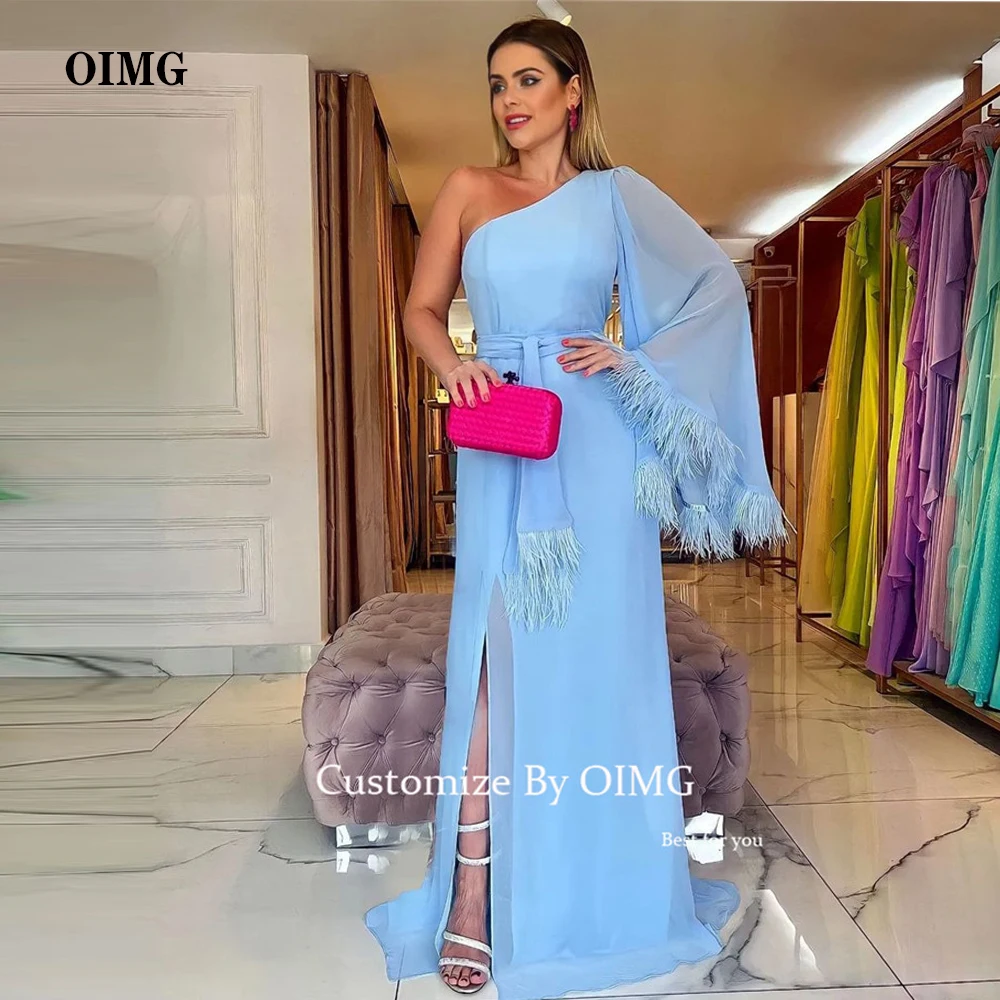 

OIMG Elegant Sky Light Blue Chiffon Feathers Evening Dresses Dubai Arabic Women Puff Long Sleeve One Shoulder Formal Prom Gowns