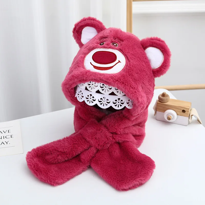 Strawberry Bear Hat Scarf Integrated Cold Protection in Winter Warm Scarf Gloves Two-Piece Children's Warm Cartoon Hat