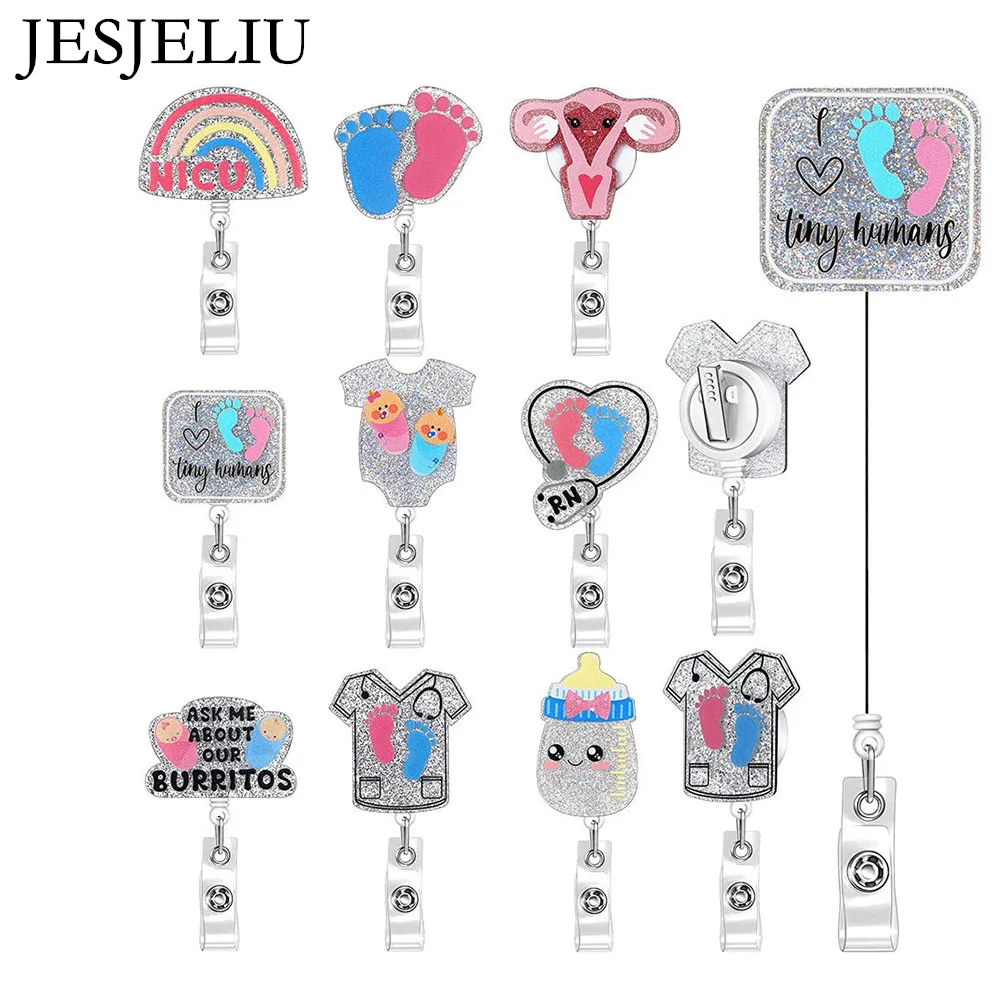 JESJELIU Crystal Acrylic Retractable Nurse Badge Holder Glitter Footprint Rainbow Baby Bottle ID Card Holder Layard for Keys